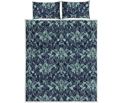 Blue And Teal Damask Pattern Print Quilt Bed Set