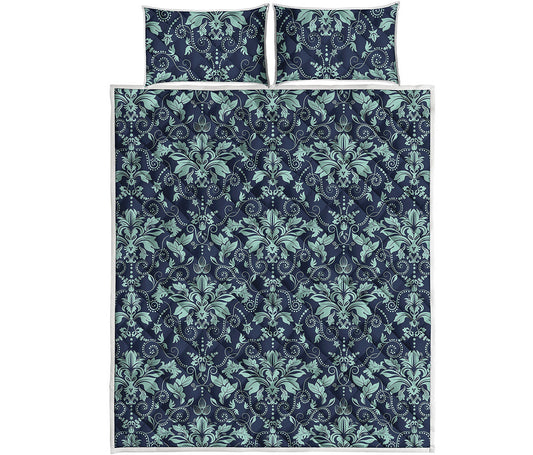 Blue And Teal Damask Pattern Print Quilt Bed Set