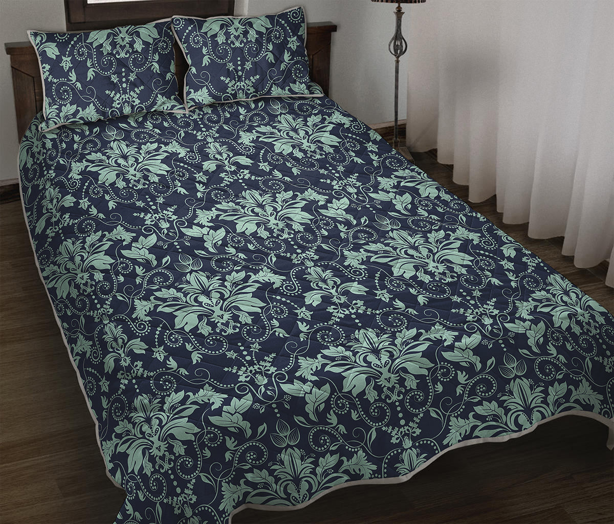 Blue And Teal Damask Pattern Print Quilt Bed Set