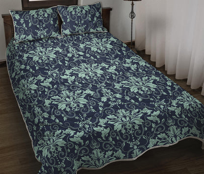 Blue And Teal Damask Pattern Print Quilt Bed Set