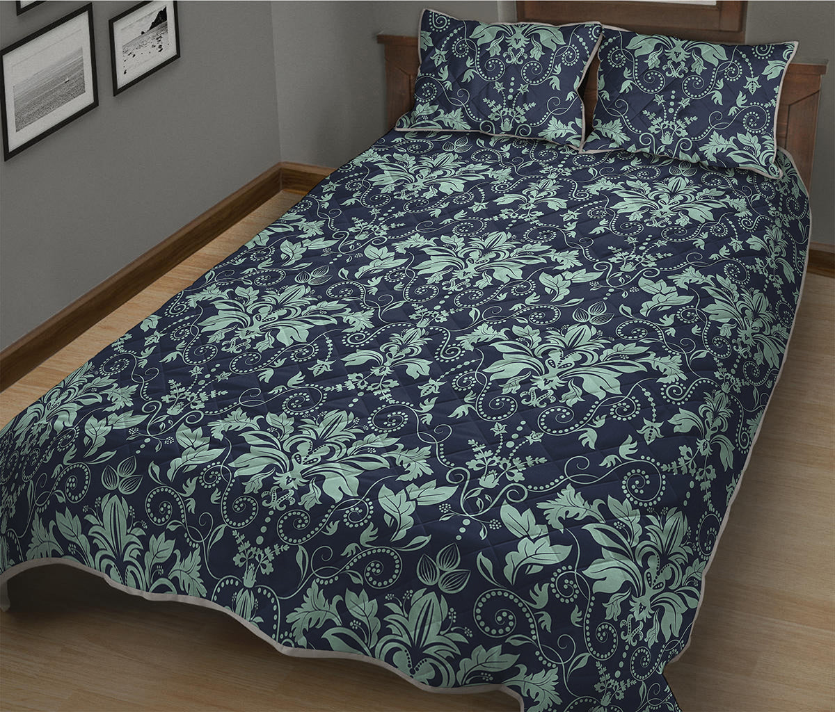 Blue And Teal Damask Pattern Print Quilt Bed Set