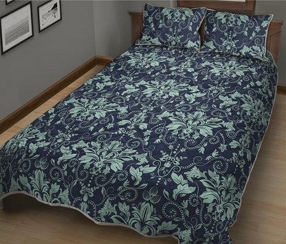 Blue And Teal Damask Pattern Print Quilt Bed Set