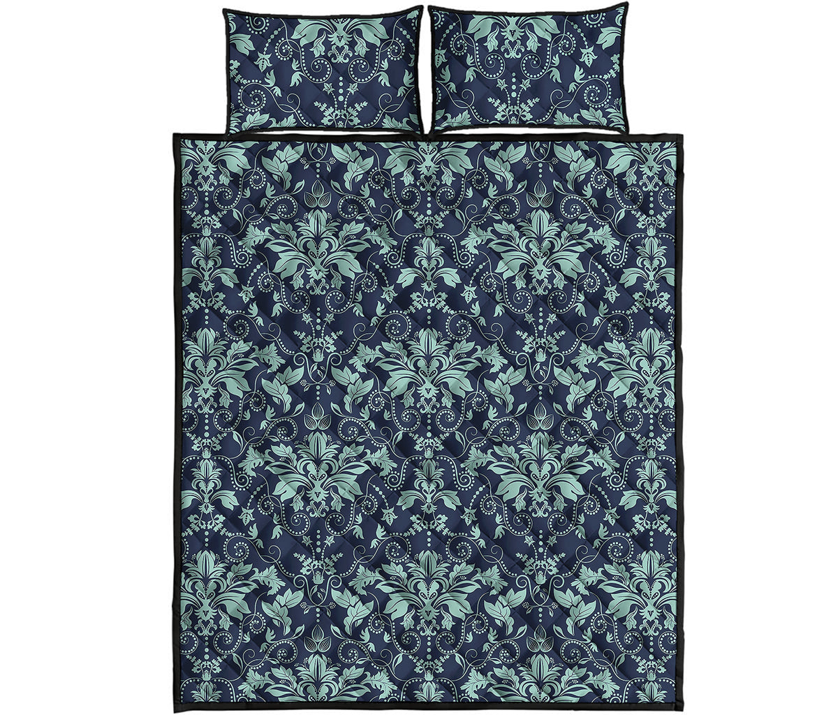 Blue And Teal Damask Pattern Print Quilt Bed Set