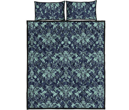 Blue And Teal Damask Pattern Print Quilt Bed Set