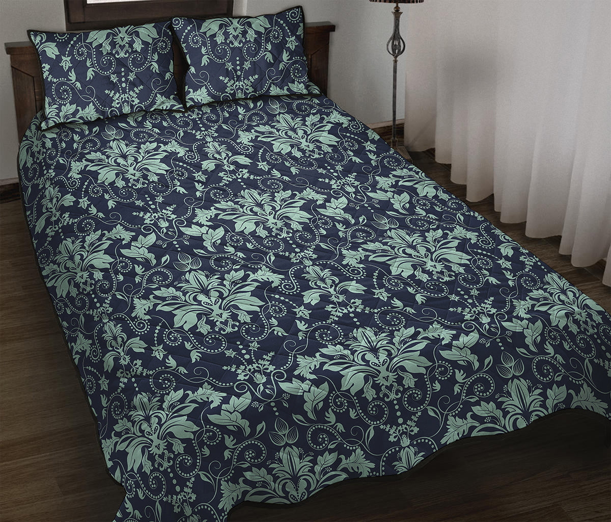 Blue And Teal Damask Pattern Print Quilt Bed Set