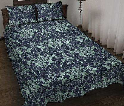 Blue And Teal Damask Pattern Print Quilt Bed Set