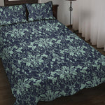 Blue And Teal Damask Pattern Print Quilt Bed Set