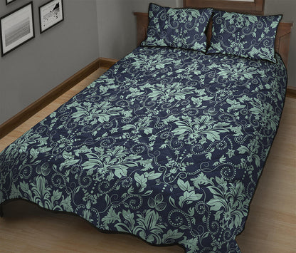 Blue And Teal Damask Pattern Print Quilt Bed Set