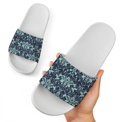 Blue And Teal Damask Pattern Print White Slide Sandals