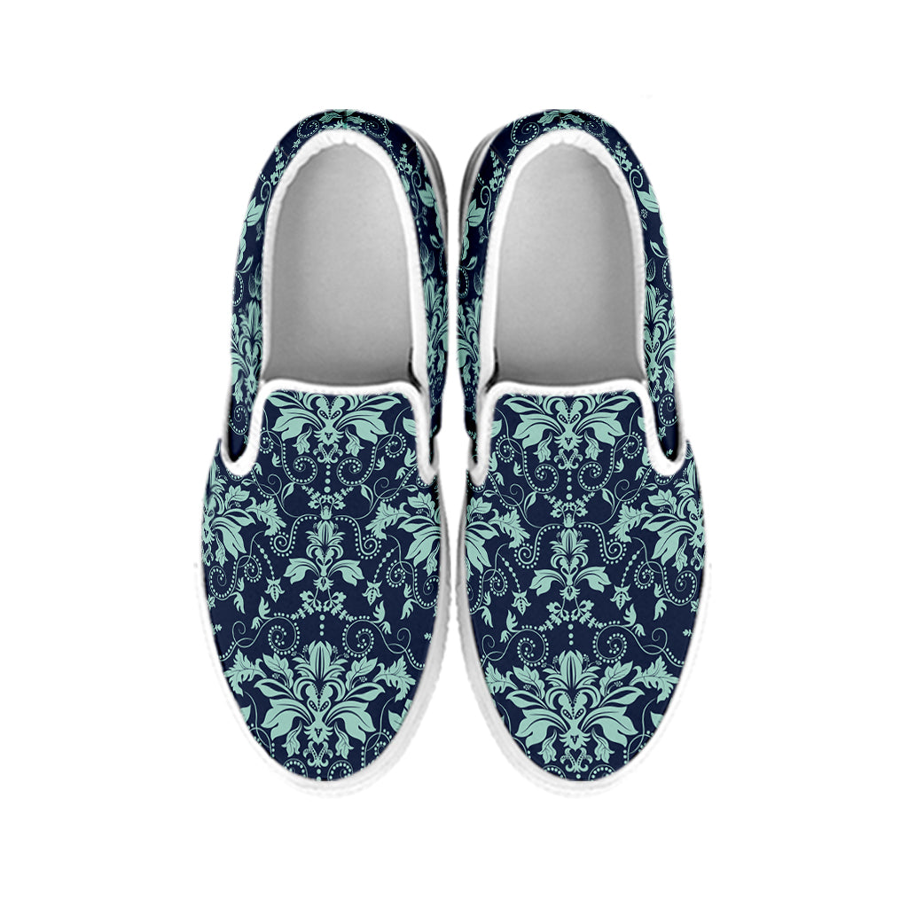 Blue And Teal Damask Pattern Print White Slip On Shoes