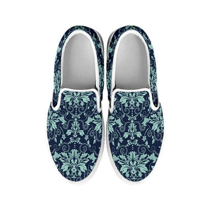 Blue And Teal Damask Pattern Print White Slip On Shoes