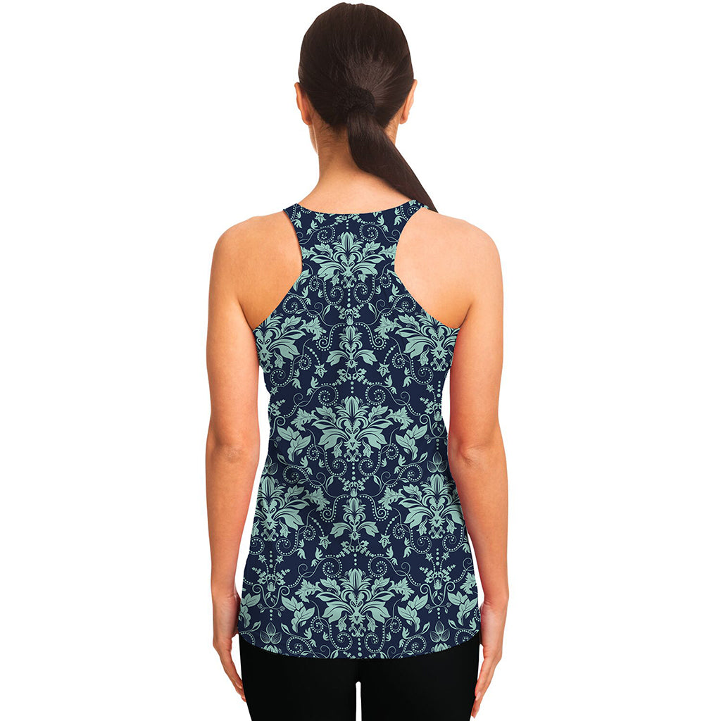 Blue And Teal Damask Pattern Print Women's Racerback Tank Top