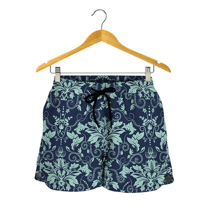 Blue And Teal Damask Pattern Print Women's Shorts