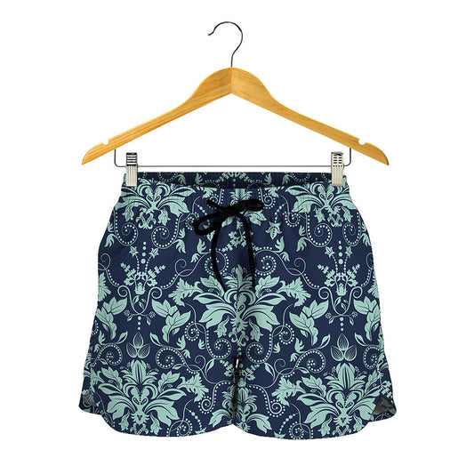Blue And Teal Damask Pattern Print Women's Shorts
