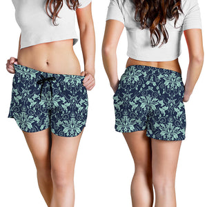 Blue And Teal Damask Pattern Print Women's Shorts
