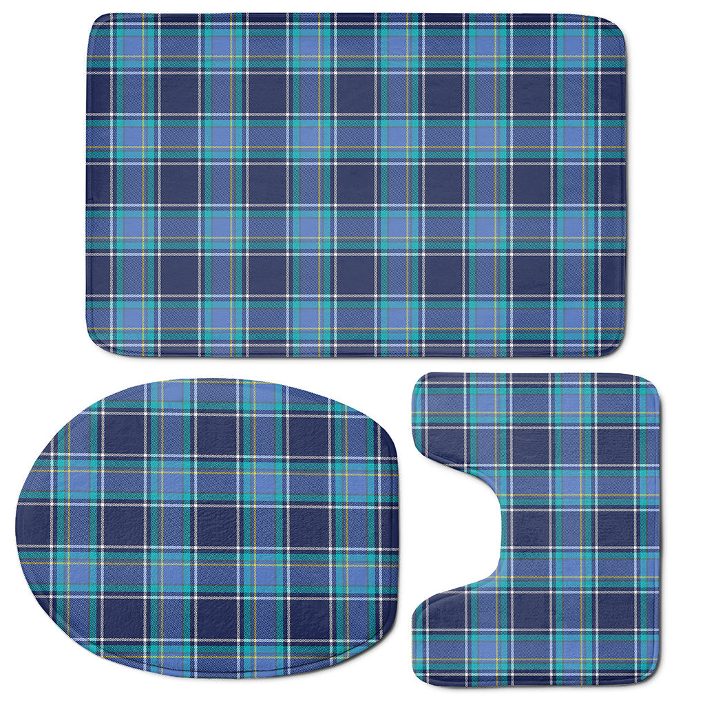 Blue And Teal Tartan Pattern Print 3 Piece Bath Mat Set