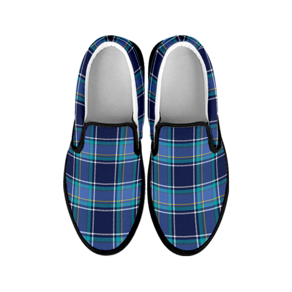 Blue And Teal Tartan Pattern Print Black Slip On Shoes