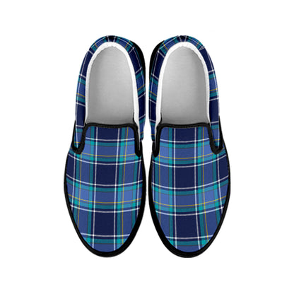 Blue And Teal Tartan Pattern Print Black Slip On Shoes