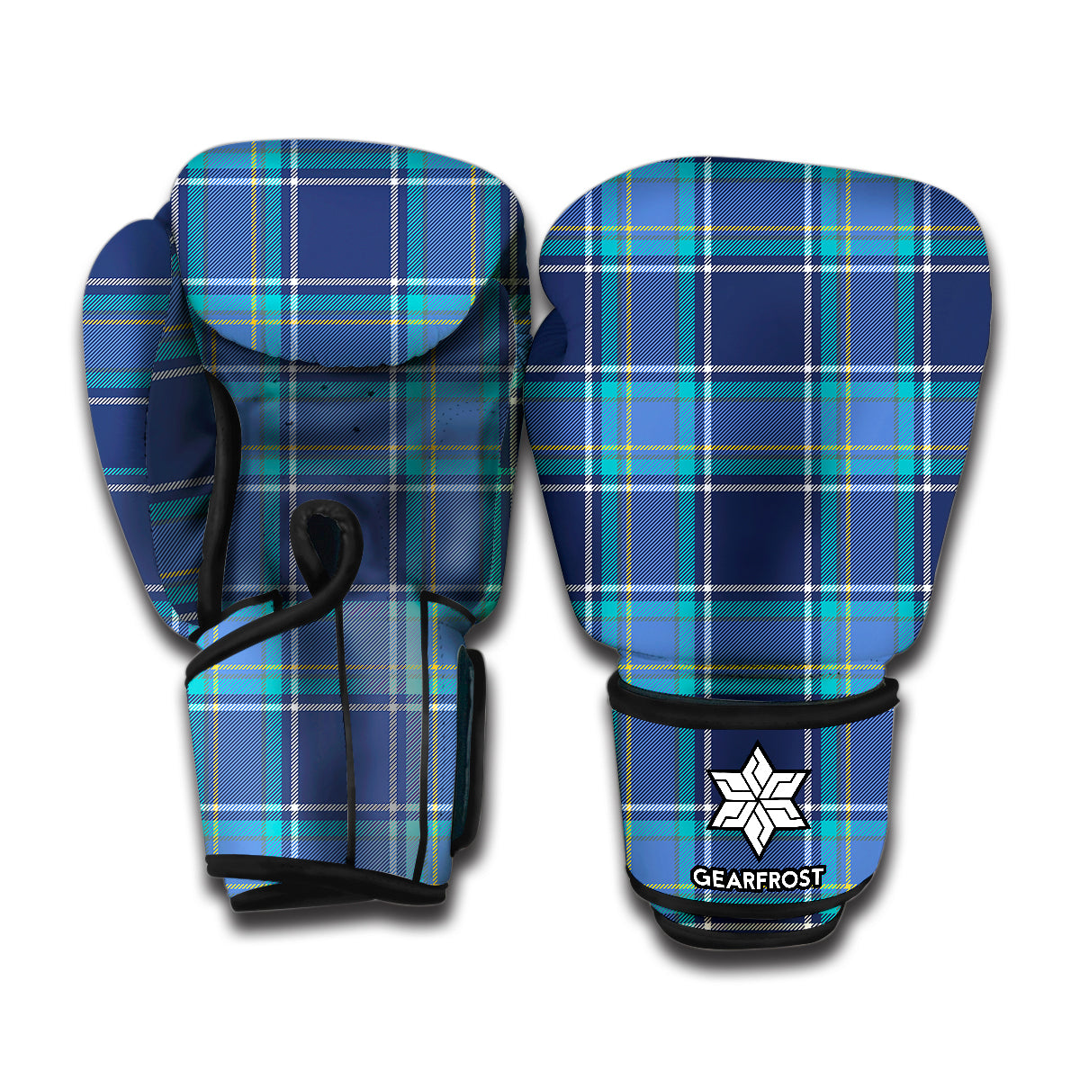 Blue And Teal Tartan Pattern Print Boxing Gloves