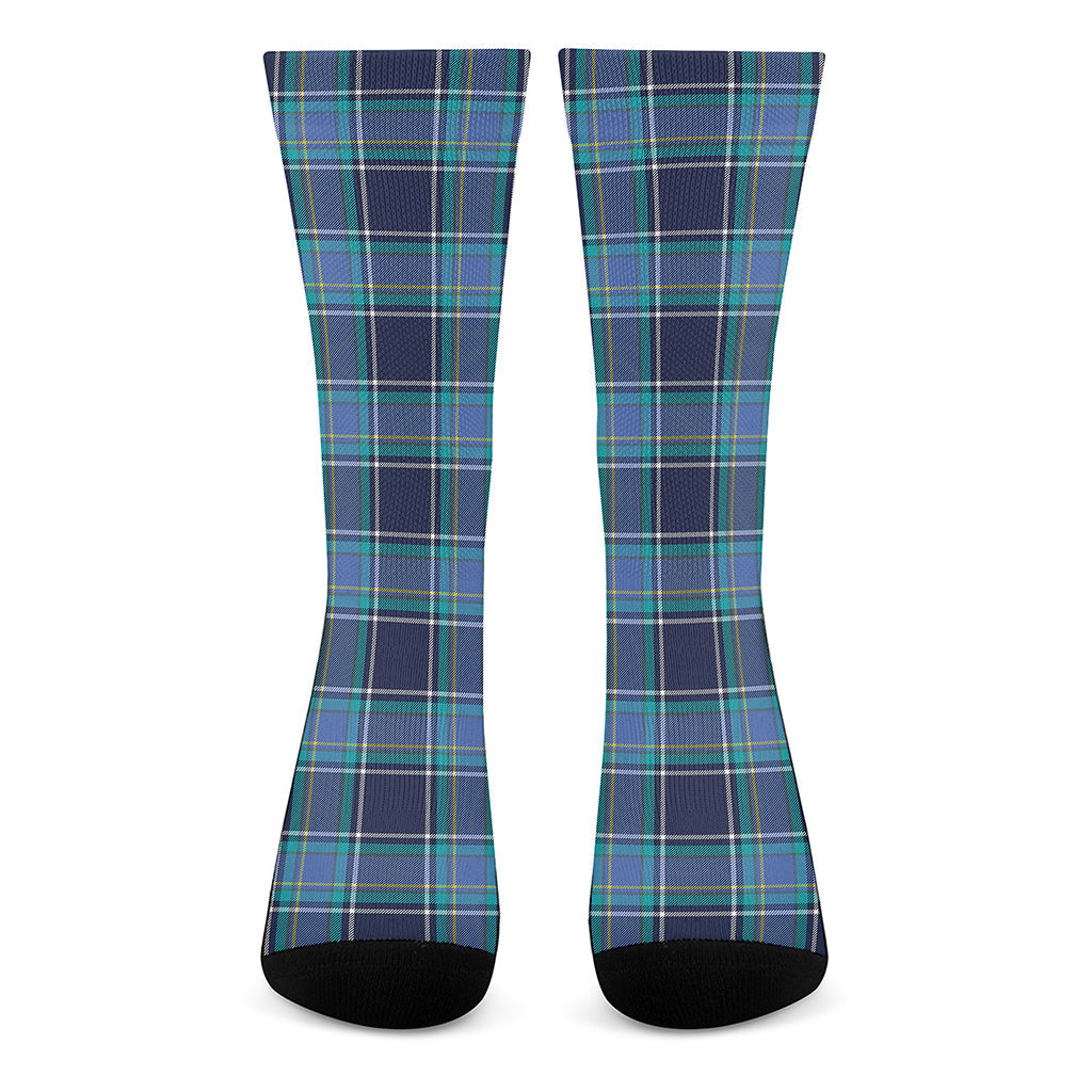 Blue And Teal Tartan Pattern Print Crew Socks