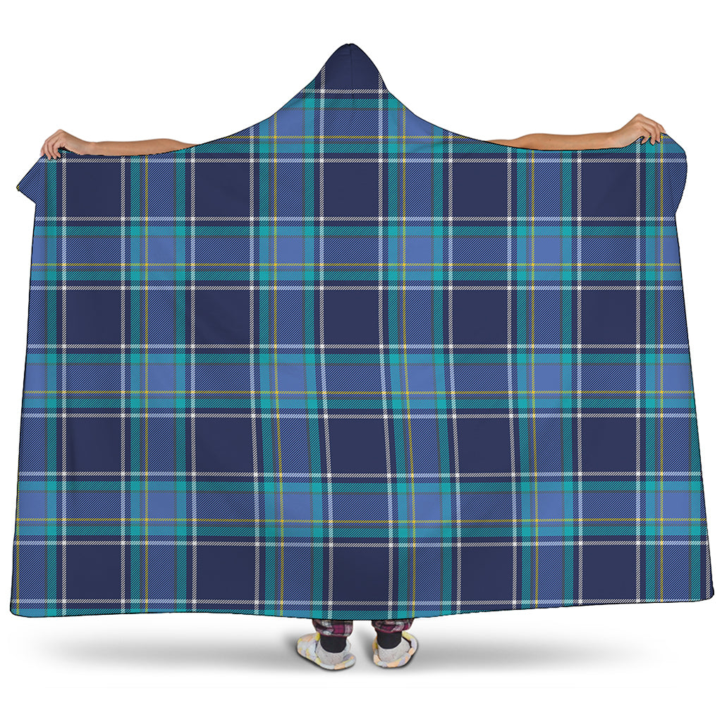 Blue And Teal Tartan Pattern Print Hooded Blanket