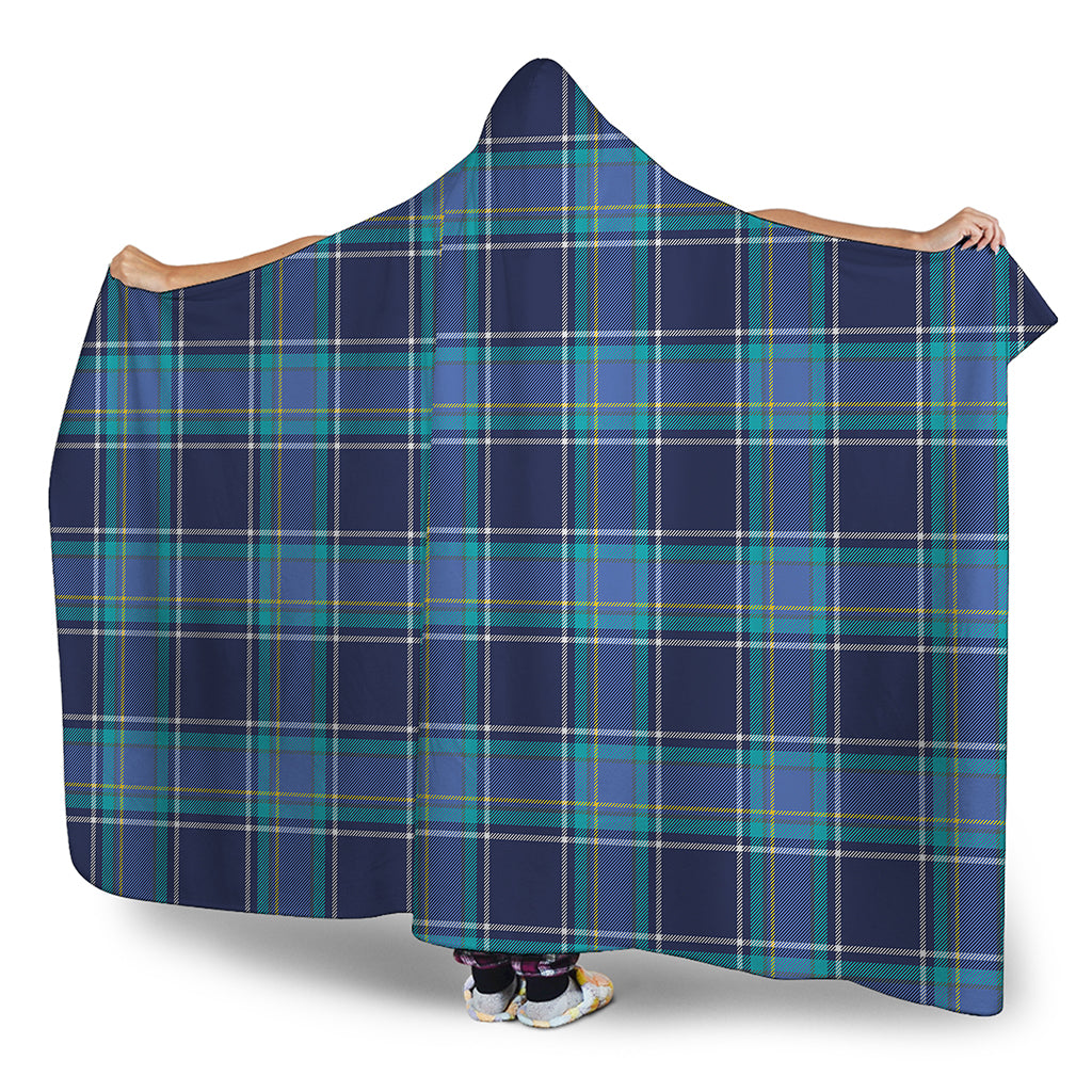 Blue And Teal Tartan Pattern Print Hooded Blanket