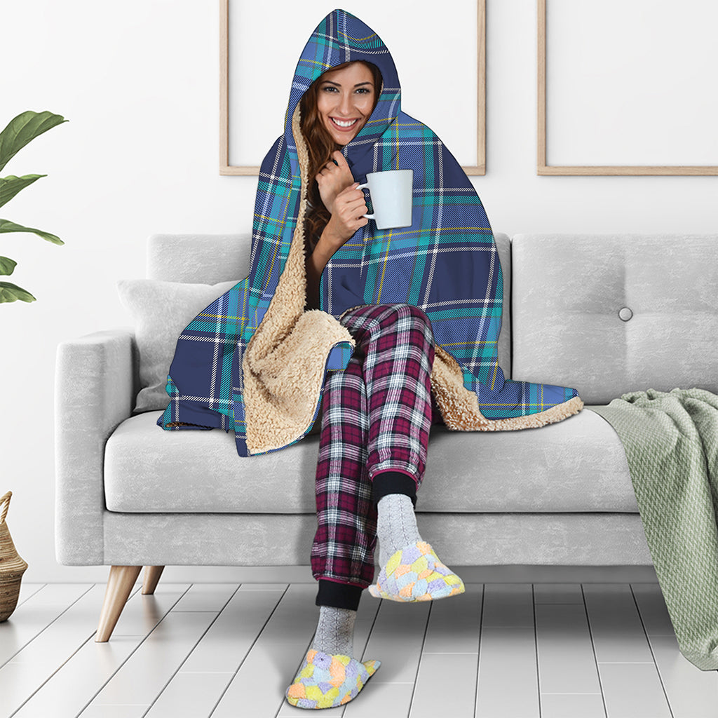 Blue And Teal Tartan Pattern Print Hooded Blanket