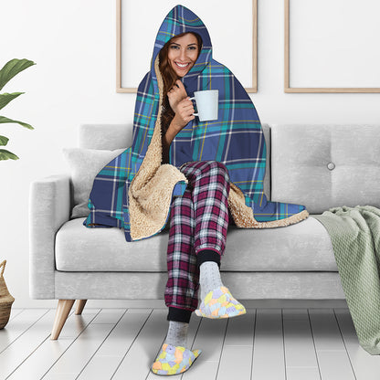 Blue And Teal Tartan Pattern Print Hooded Blanket
