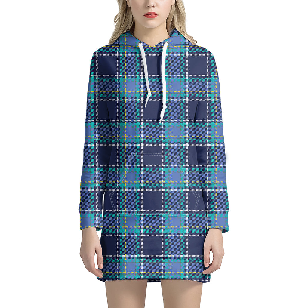 Blue And Teal Tartan Pattern Print Hoodie Dress