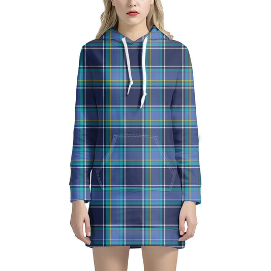 Blue And Teal Tartan Pattern Print Hoodie Dress