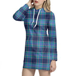 Blue And Teal Tartan Pattern Print Hoodie Dress