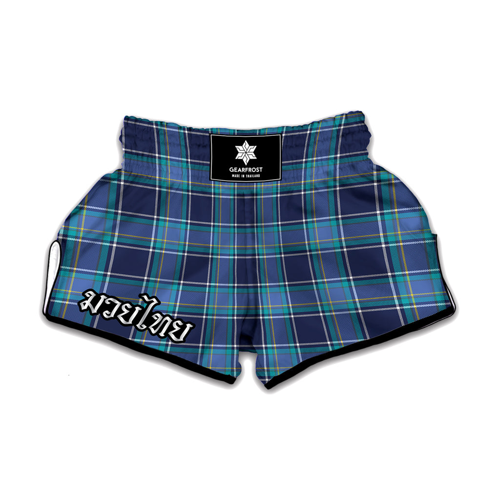 Blue And Teal Tartan Pattern Print Muay Thai Boxing Shorts