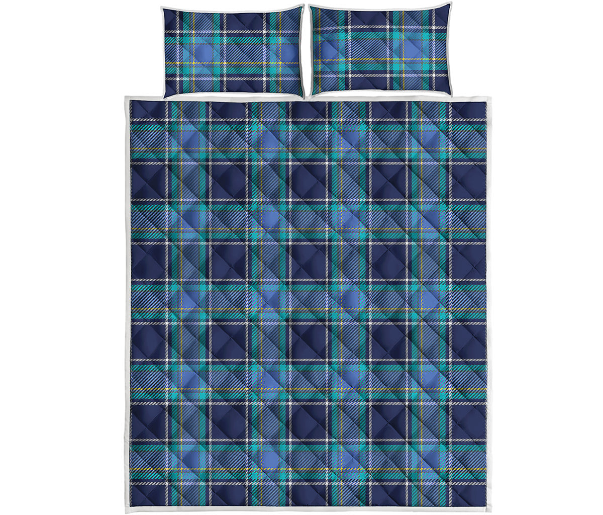 Blue And Teal Tartan Pattern Print Quilt Bed Set