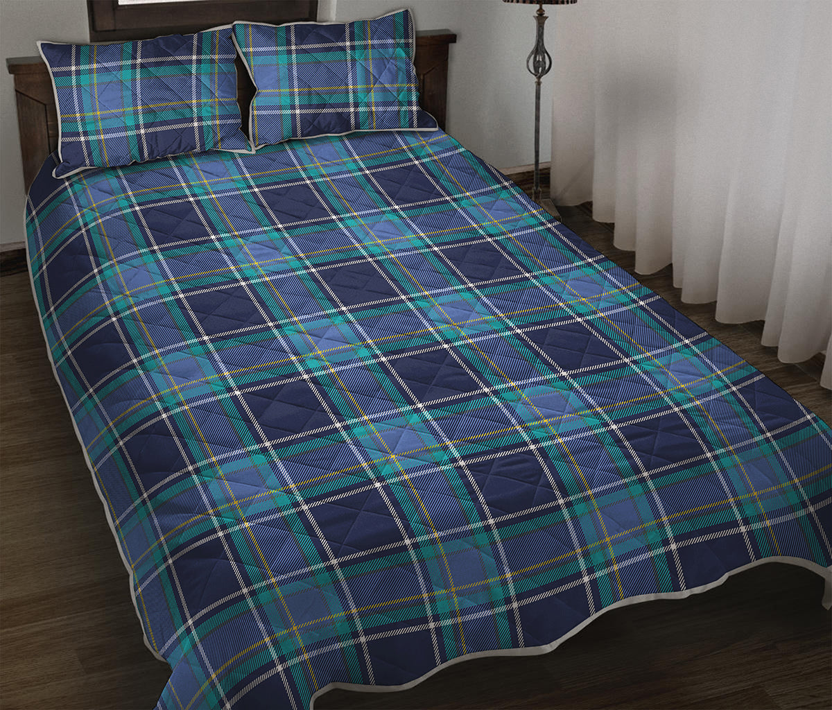 Blue And Teal Tartan Pattern Print Quilt Bed Set
