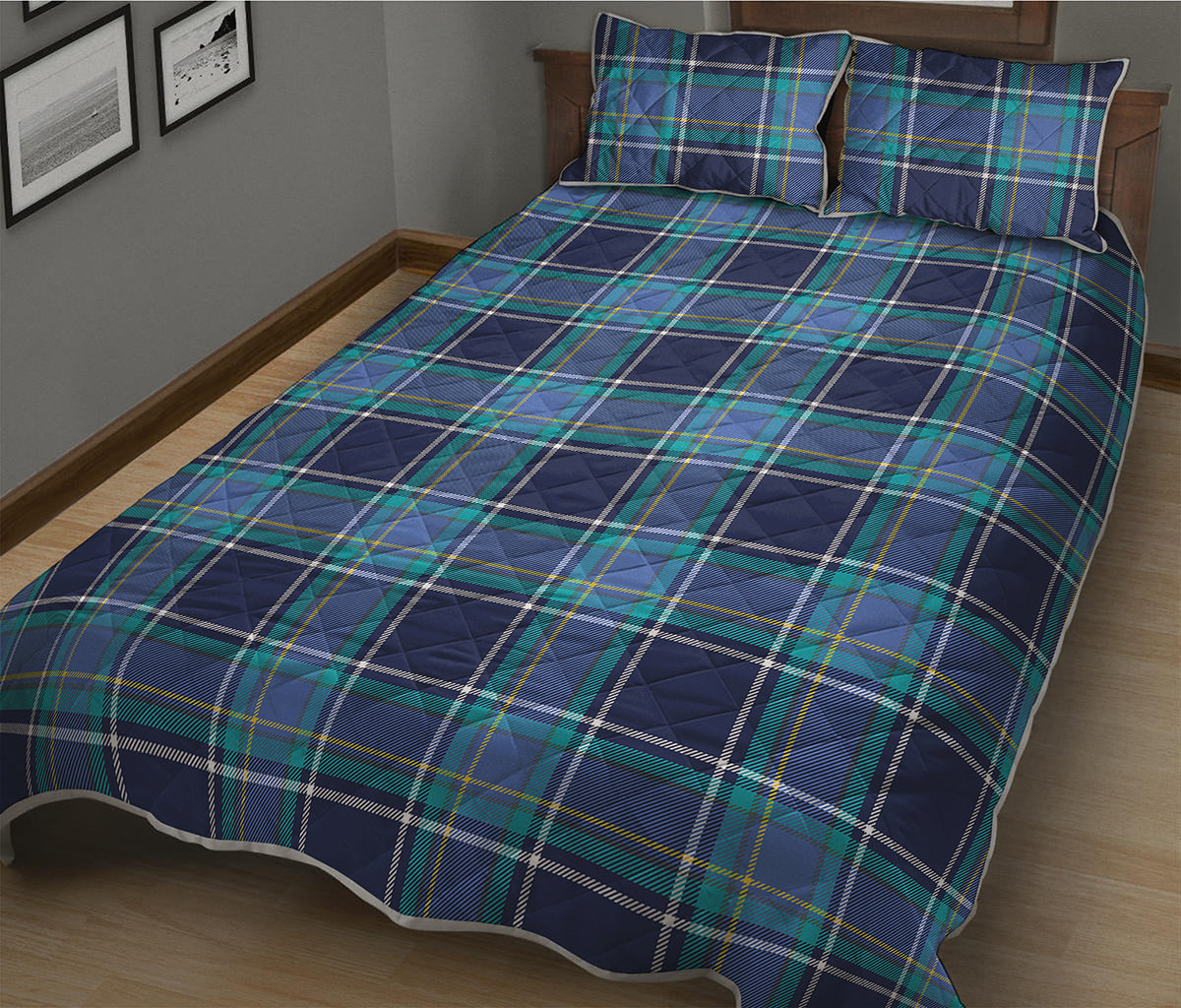 Blue And Teal Tartan Pattern Print Quilt Bed Set