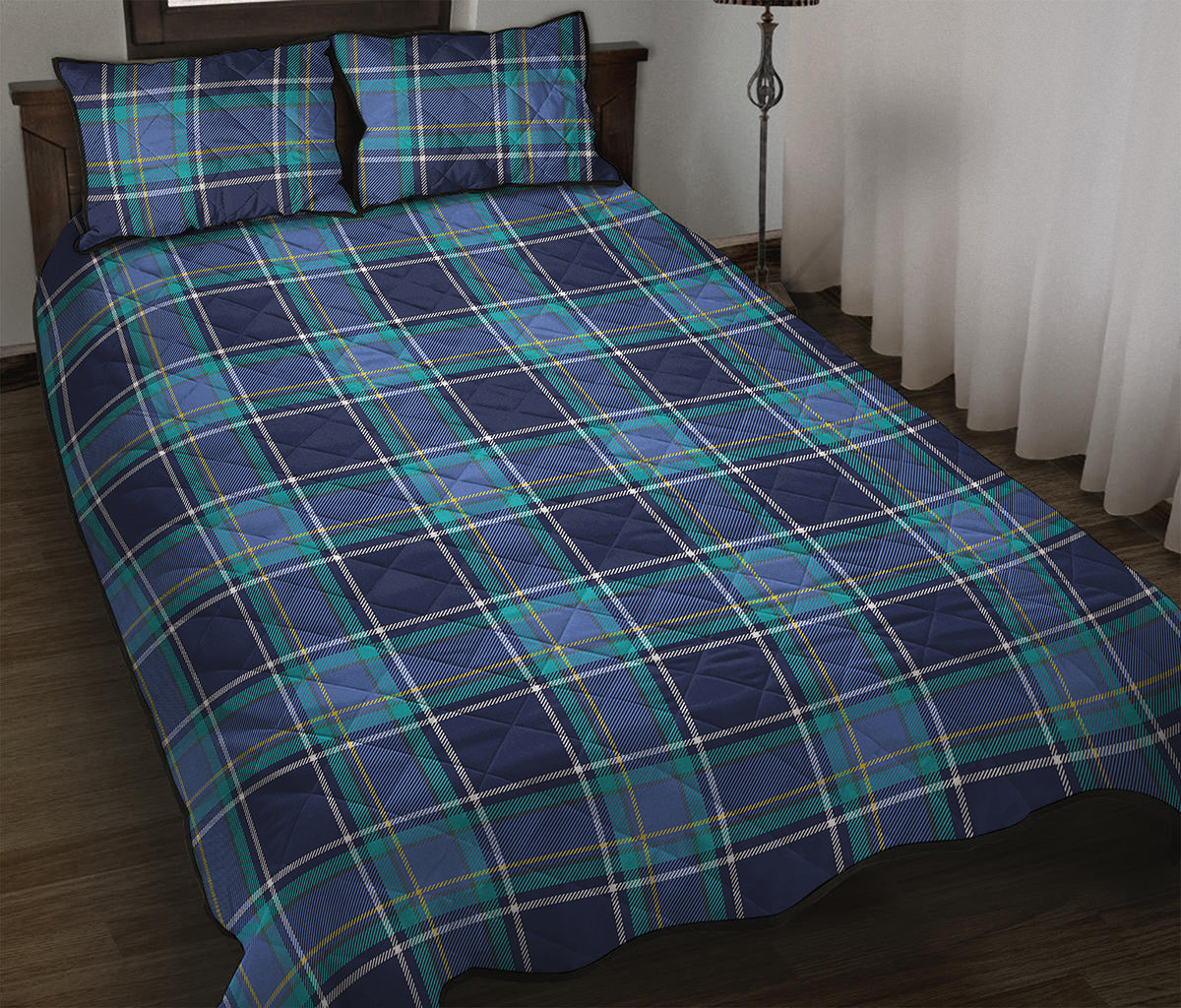 Blue And Teal Tartan Pattern Print Quilt Bed Set