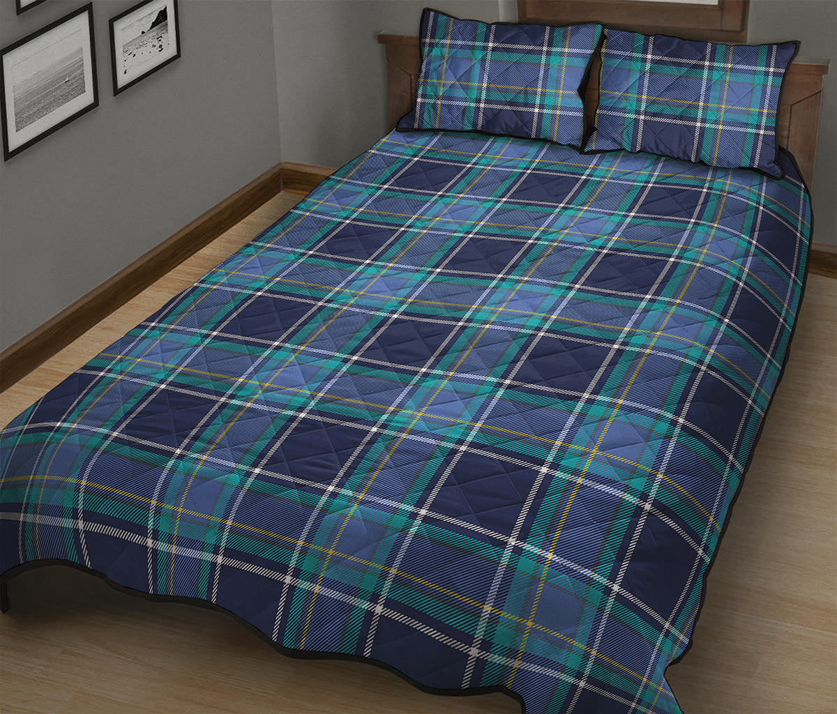 Blue And Teal Tartan Pattern Print Quilt Bed Set