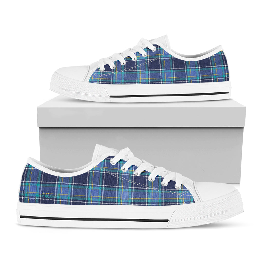 Blue And Teal Tartan Pattern Print White Low Top Shoes