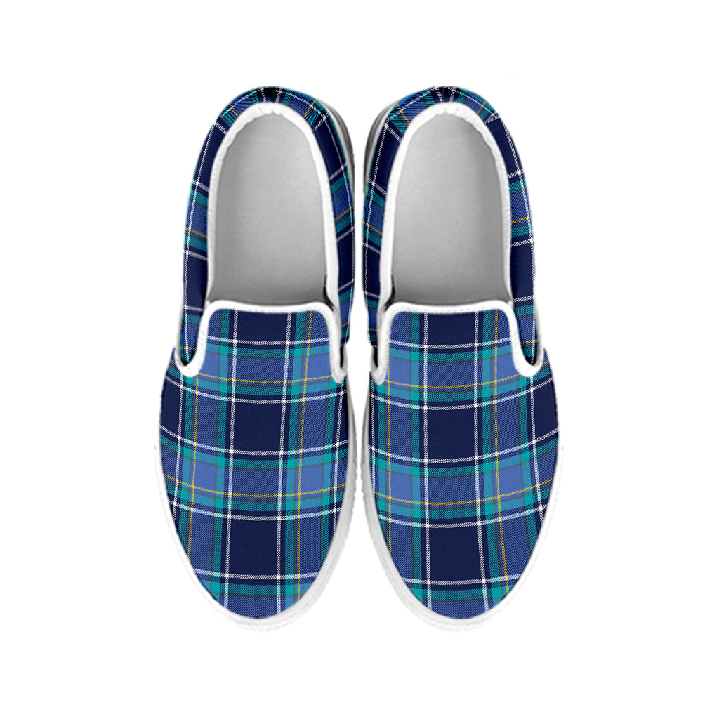 Blue And Teal Tartan Pattern Print White Slip On Shoes
