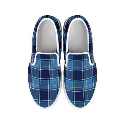 Blue And Teal Tartan Pattern Print White Slip On Shoes