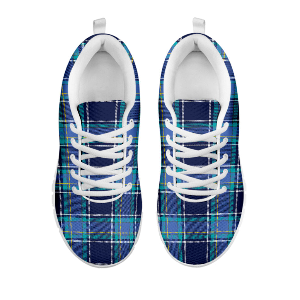 Blue And Teal Tartan Pattern Print White Sneakers