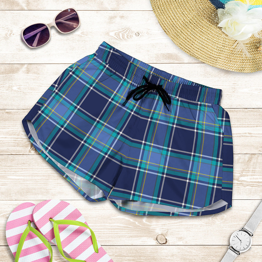 Blue And Teal Tartan Pattern Print Women's Shorts