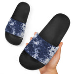 Blue And White Acid Wash Tie Dye Print Black Slide Sandals
