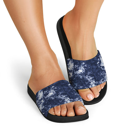 Blue And White Acid Wash Tie Dye Print Black Slide Sandals
