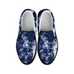 Blue And White Acid Wash Tie Dye Print Black Slip On Shoes