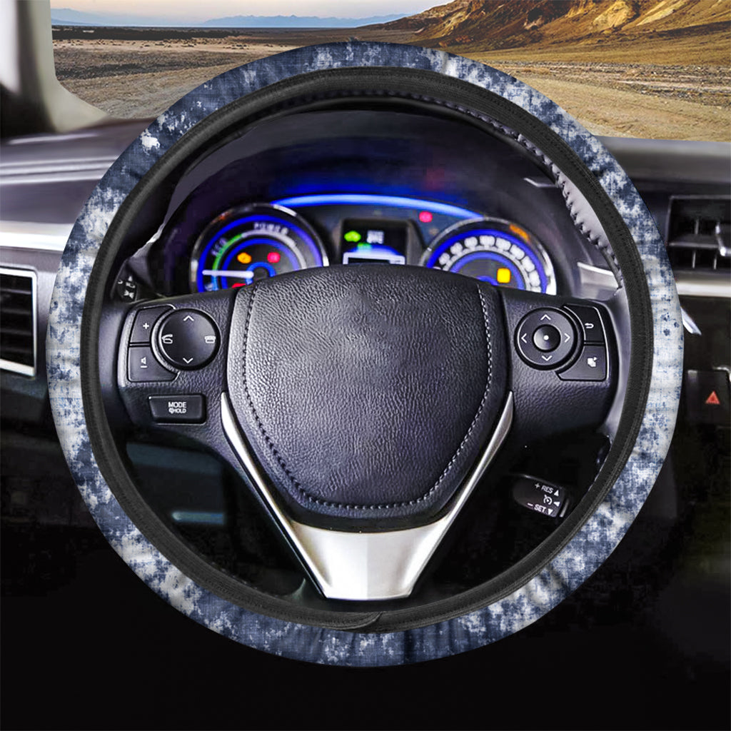 Blue And White Acid Wash Tie Dye Print Car Steering Wheel Cover