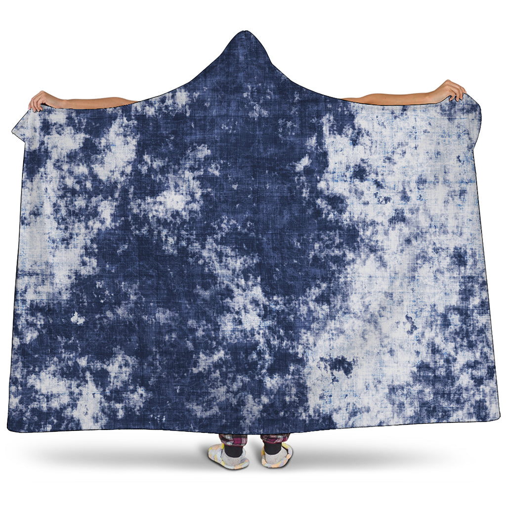 Blue And White Acid Wash Tie Dye Print Hooded Blanket