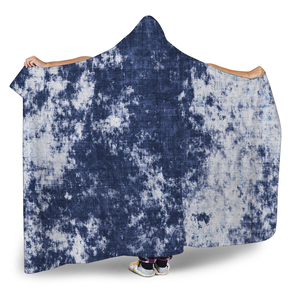 Blue And White Acid Wash Tie Dye Print Hooded Blanket