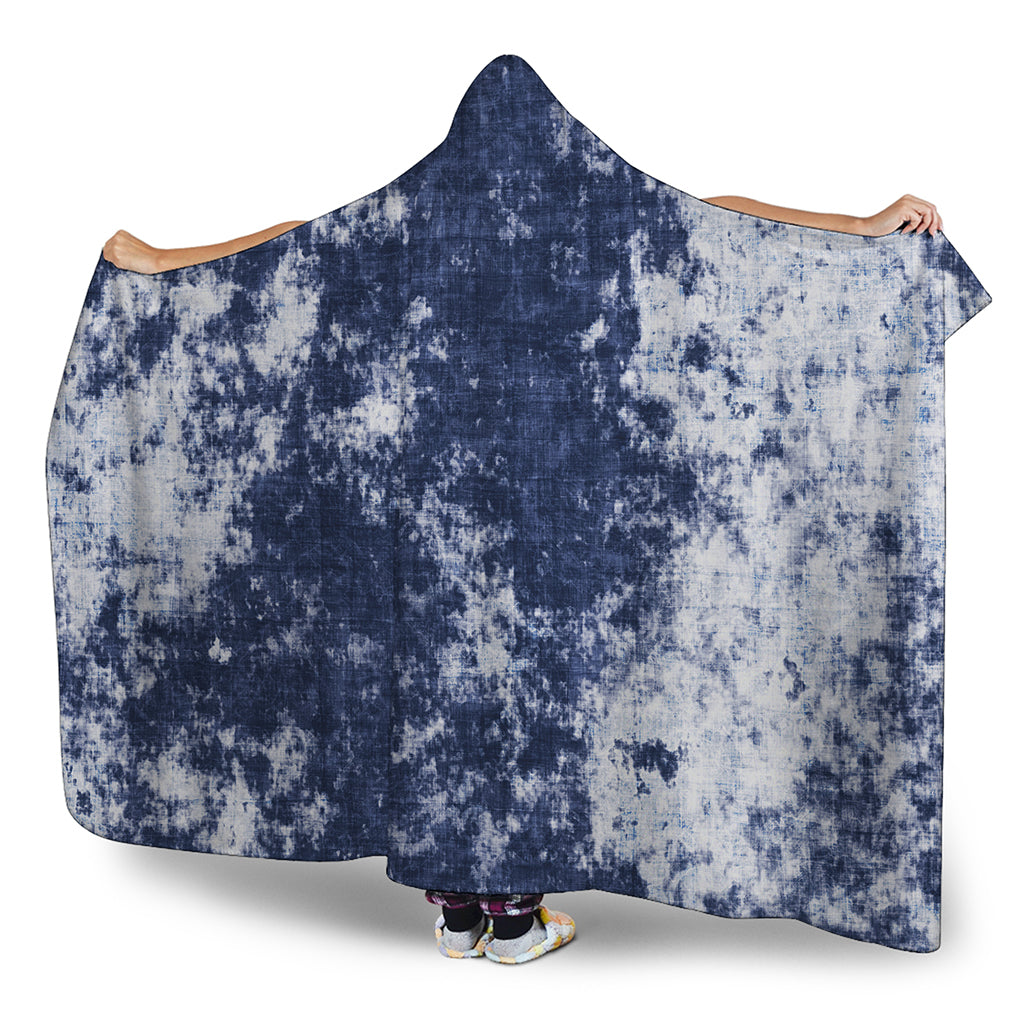 Blue And White Acid Wash Tie Dye Print Hooded Blanket