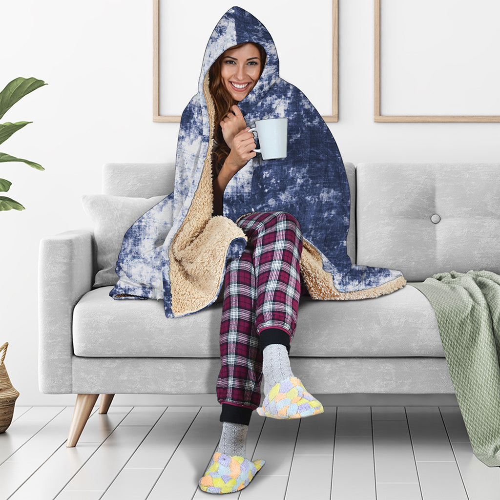 Blue And White Acid Wash Tie Dye Print Hooded Blanket